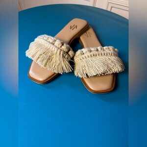 Leather Cream and Tan Bohemian Fringe Sandals